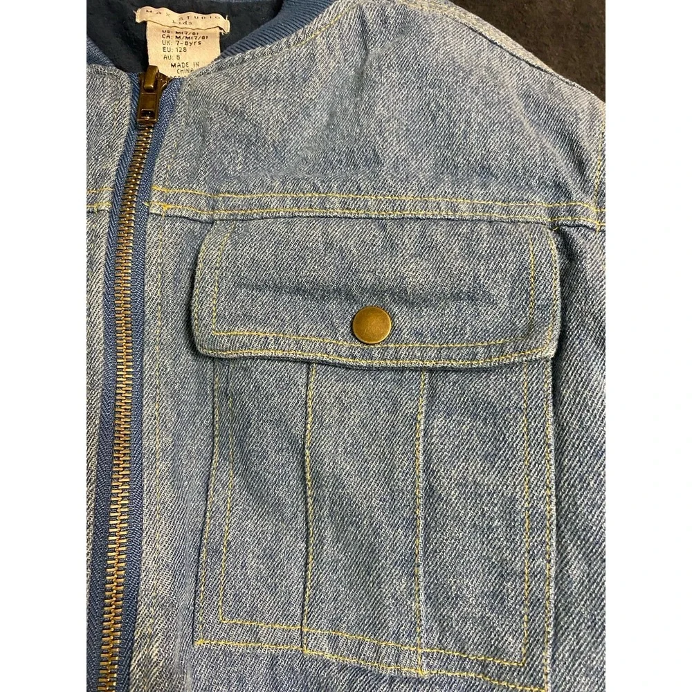 Max Studio Kids Denim Bomber Jacket Size M 7-8 Quilted Lining Blue Jean Zip Up